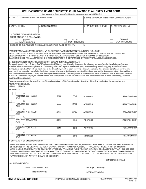 DA Form 7426 Application for Usanaf Employee 401(K) Savings Plan Enrollment Form