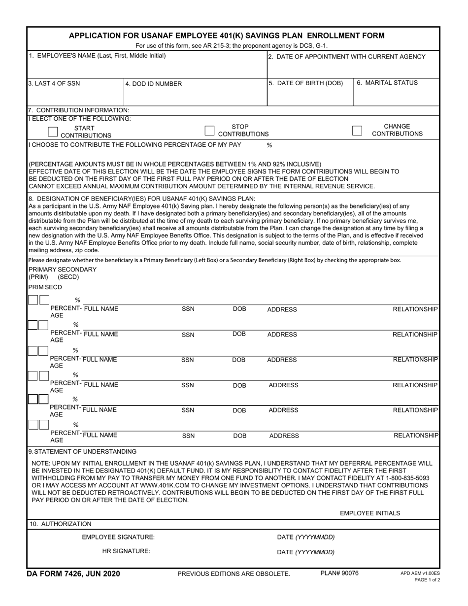 DA Form 7426 Download Fillable PDF or Fill Online Application for ...