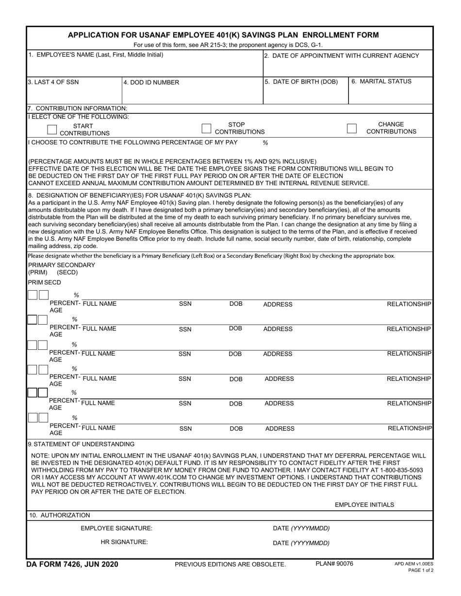 DA Form 7426 Application for Usanaf Employee 401(K) Savings Plan Enrollment Form, Page 1