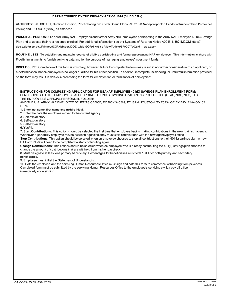 DA Form 7426 Application for Usanaf Employee 401(K) Savings Plan Enrollment Form, Page 2