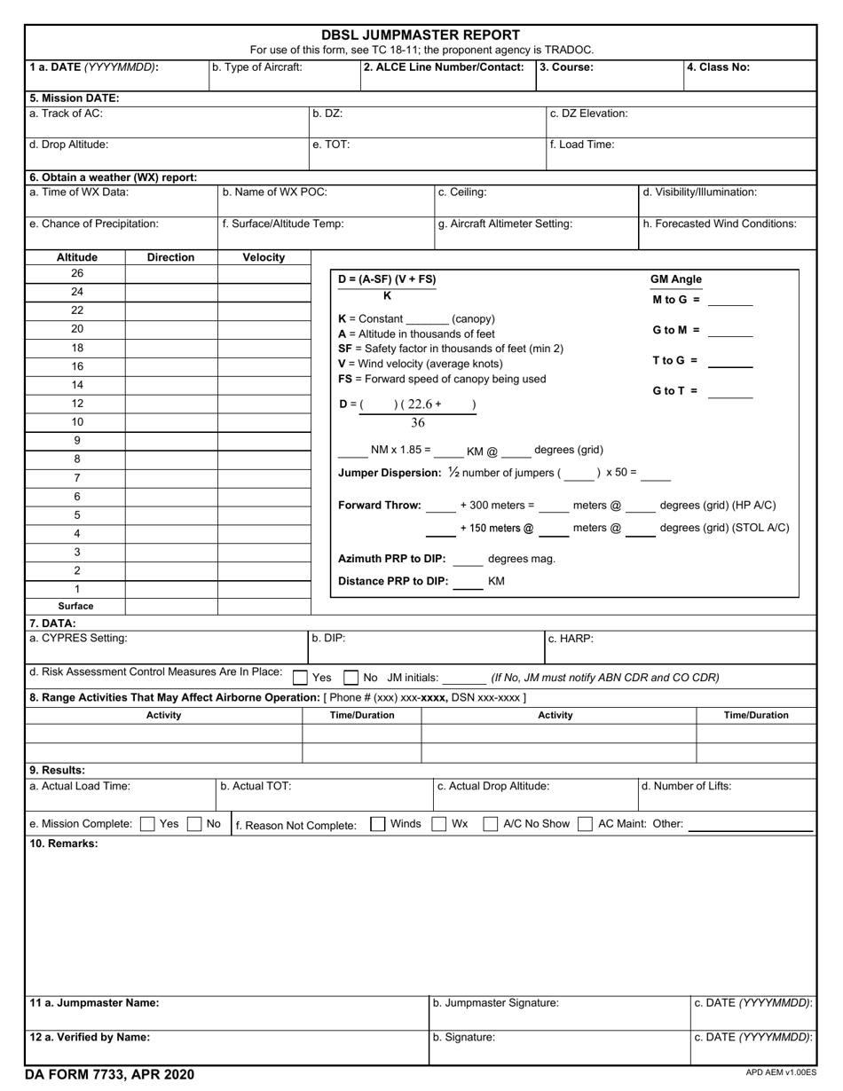 DA Form 7733 Dbsl Jumpmaster Report, Page 1