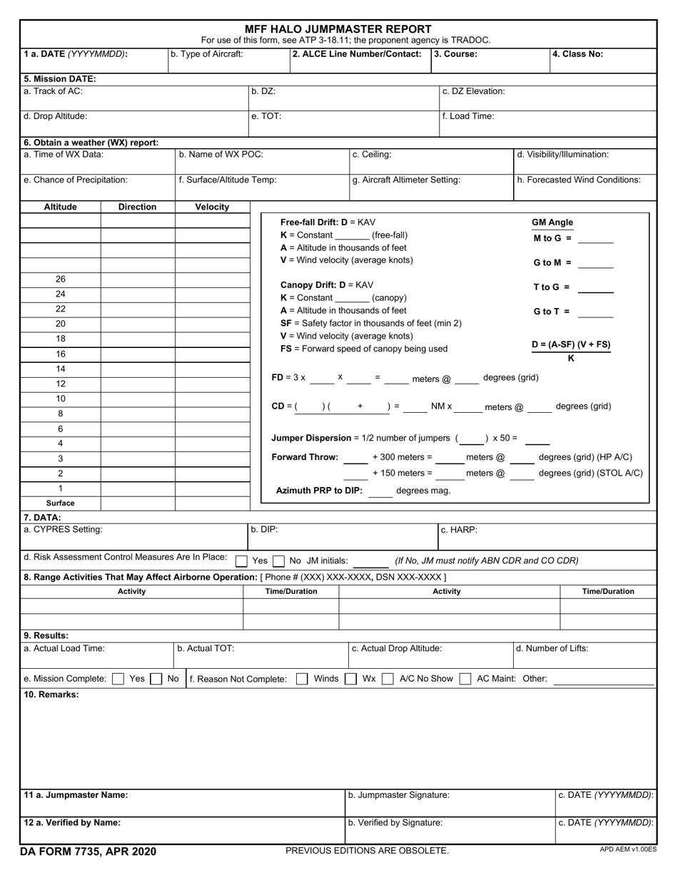 DA Form 7735 Mff Halo Jumpmaster Report, Page 1