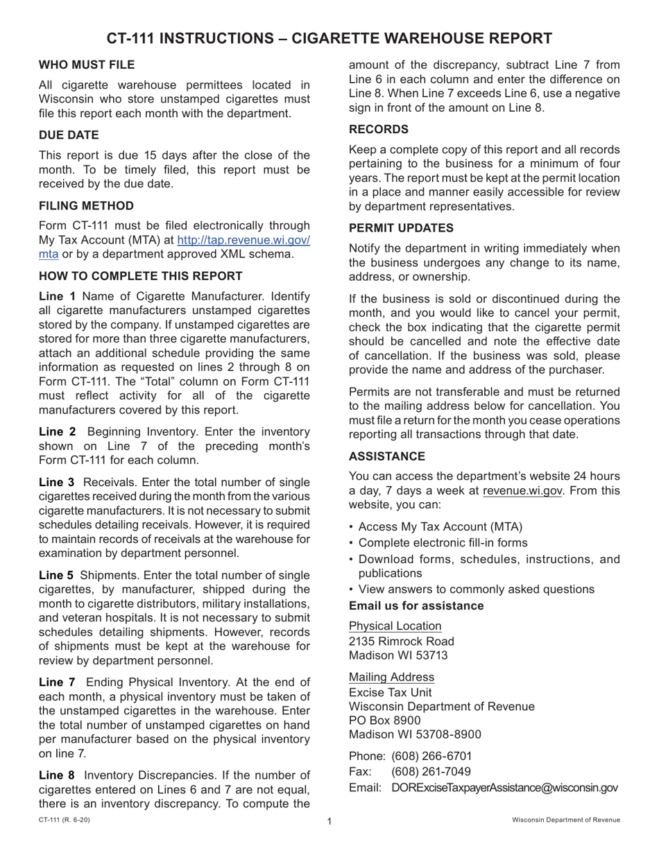 Instructions for Form CT-111 Cigarette Warehouse Report - Wisconsin, Page 1