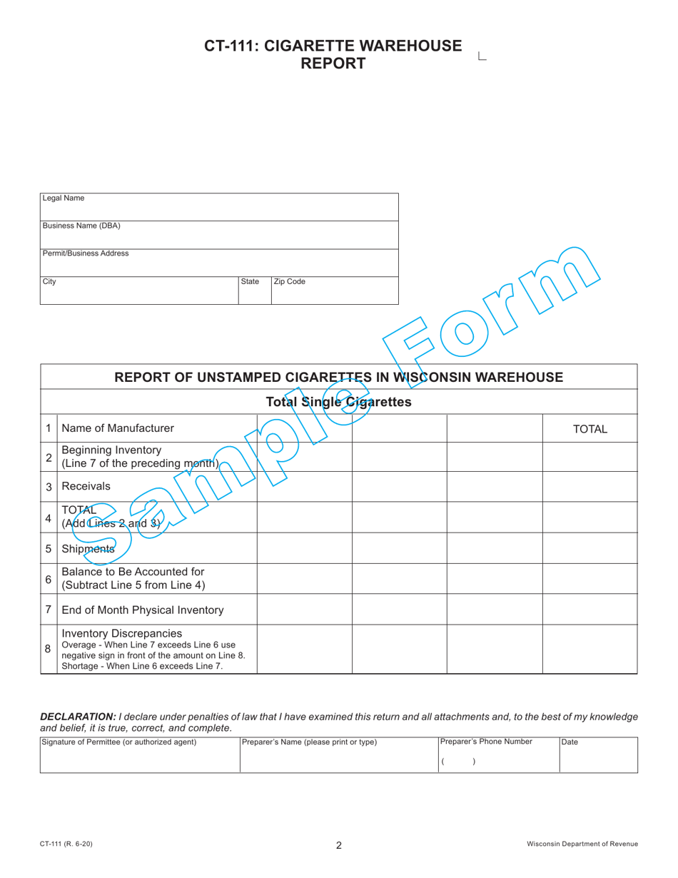 Instructions for Form CT-111 Cigarette Warehouse Report - Wisconsin, Page 2