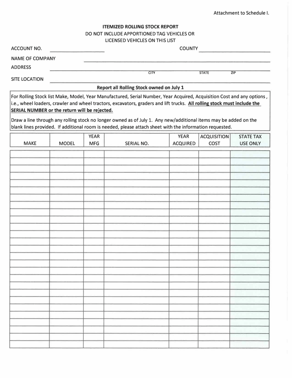 Attachment to Schedule I - Itemized Rolling Stock Report - West Virginia, Page 1