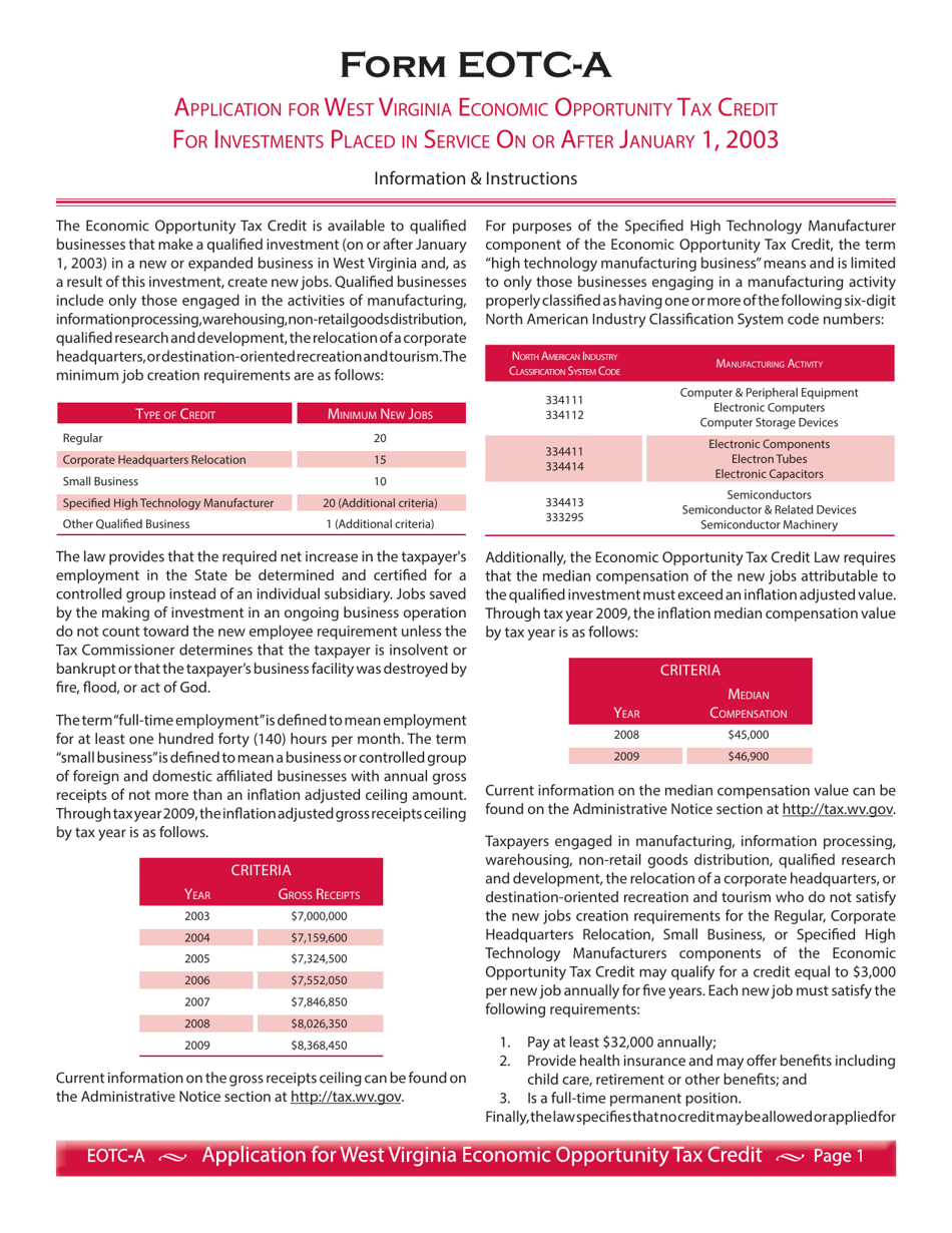 Form EOTC-A (EOTC-1) Application for West Virginia Economic Opportunity Tax Credit for Investments Placed in Service on or After January 1, 2003 - West Virginia, Page 3