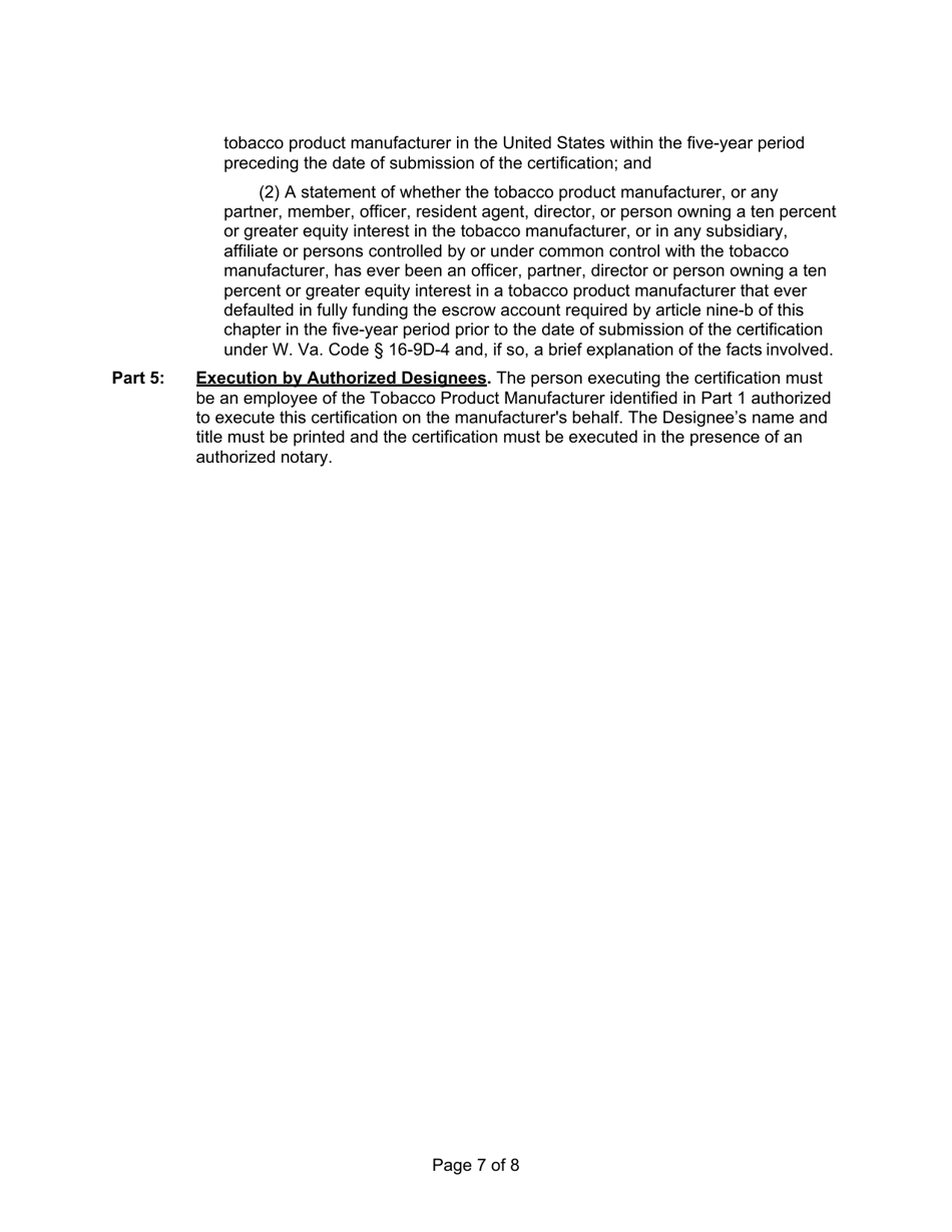 Instructions for Certification of Tobacco Product Manufacturers - West Virginia, Page 7