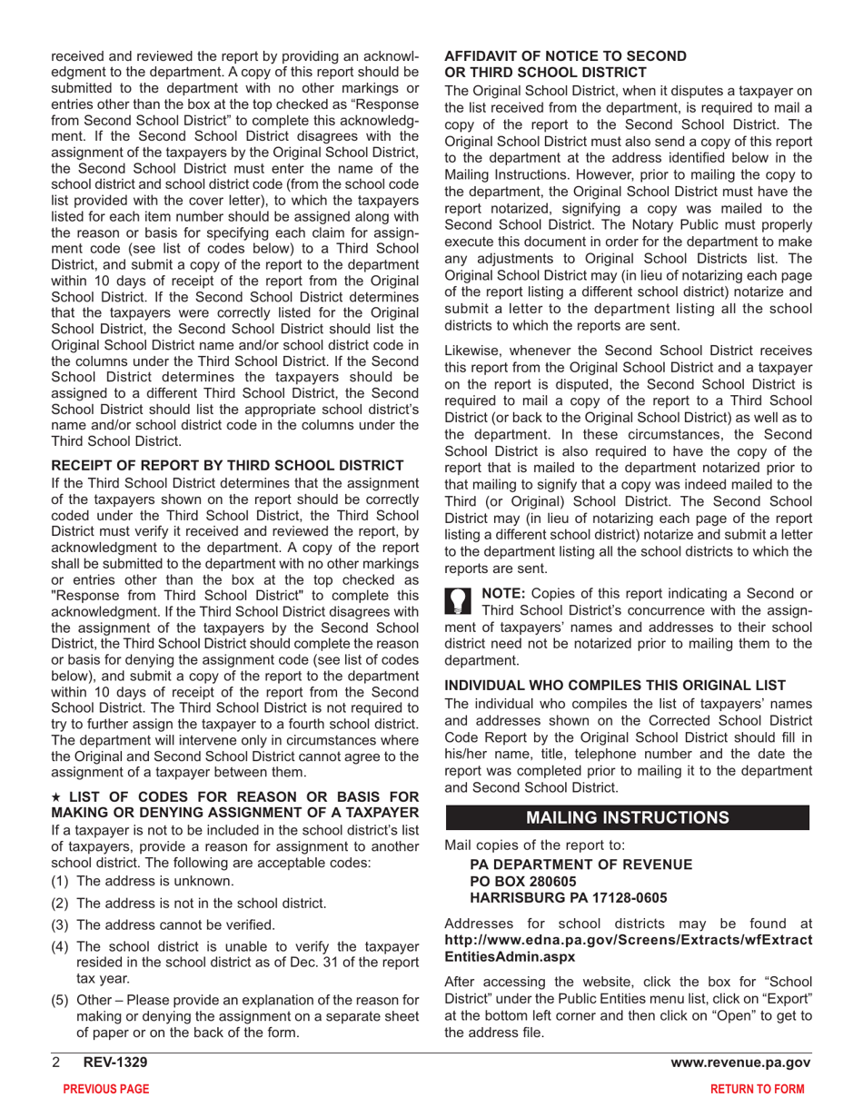 Form REV-1329 Corrected School District Code Report - Pennsylvania, Page 4