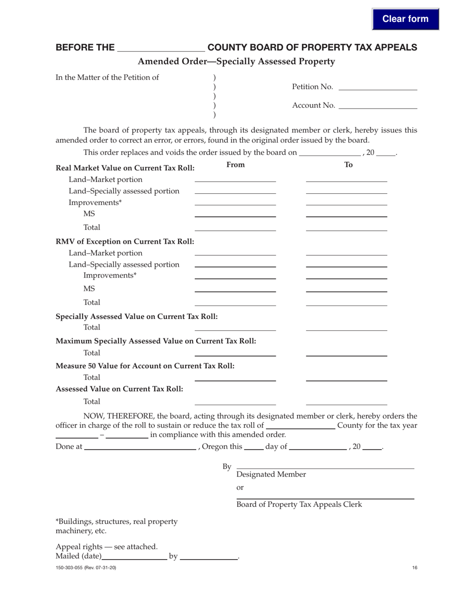 Form 150-303-055-16 Amended Order - Specially Assessed Property - Oregon, Page 1