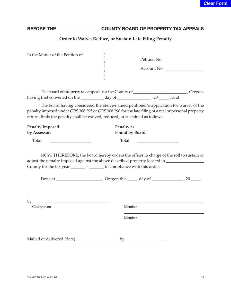 Form 150-303-055 Order to Waive, Reduce, or Sustain Late Filing Penalty - Oregon, Page 1