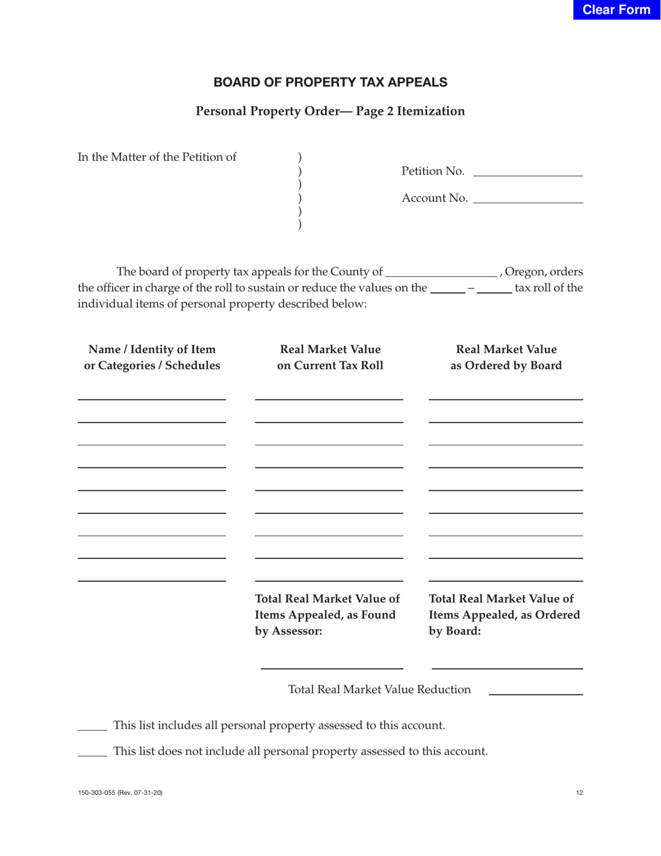 Form 150-303-055 Page 2 Personal Property Order - Itemization - Oregon, Page 1
