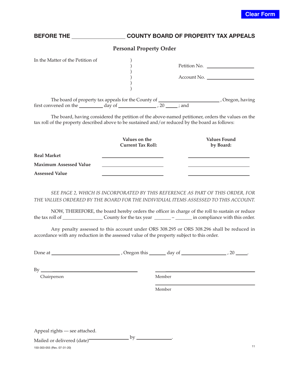 Form 150-303-055 Personal Property Order - Oregon, Page 1