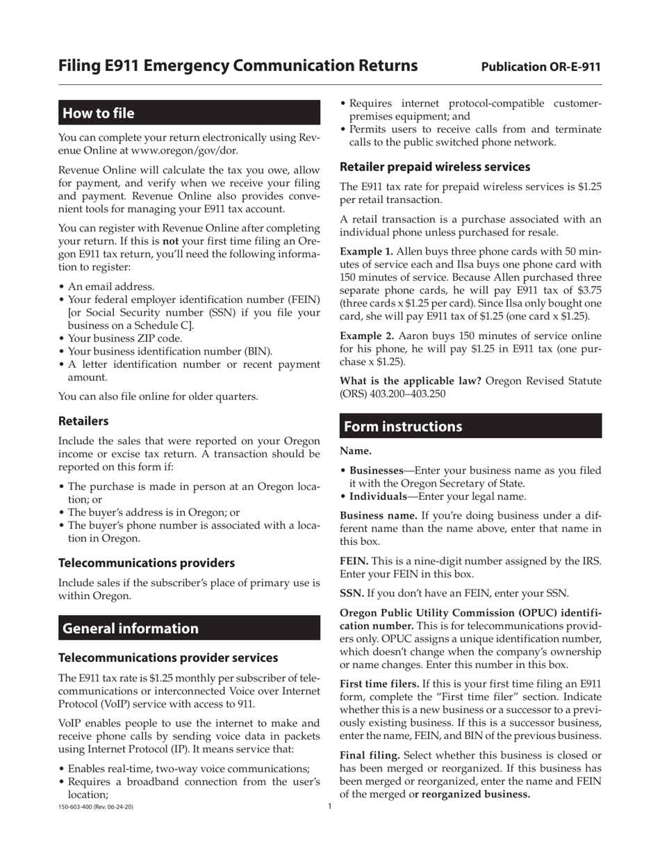 Instructions for E911 Emergency Communication Returns - Oregon, Page 1