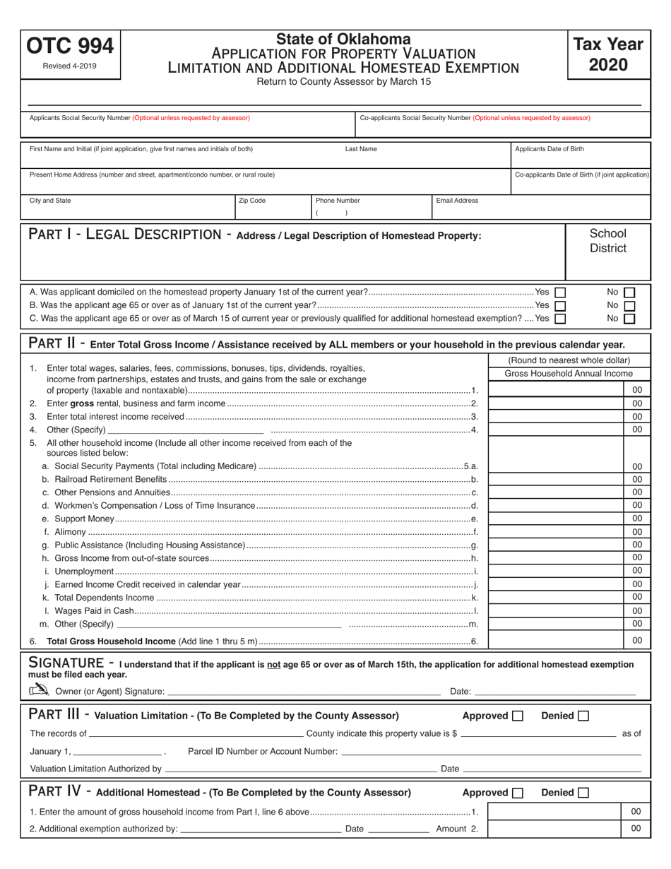 OTC Form 994 Application for Property Valuation Limitation and Additional Homestead Exemption - Oklahoma, Page 1