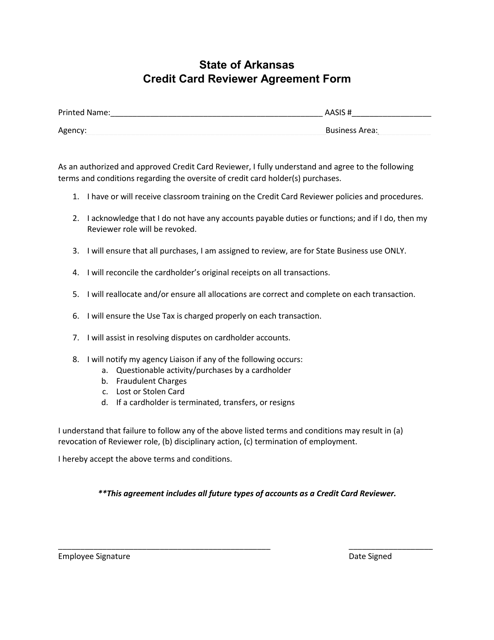 Credit Card Reviewer Agreement Form - Arkansas