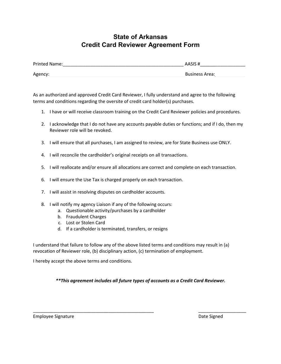 Credit Card Reviewer Agreement Form - Arkansas, Page 1