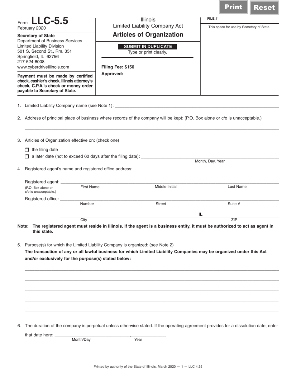 Form LLC-5.5 Articles of Organization - Illinois, Page 1