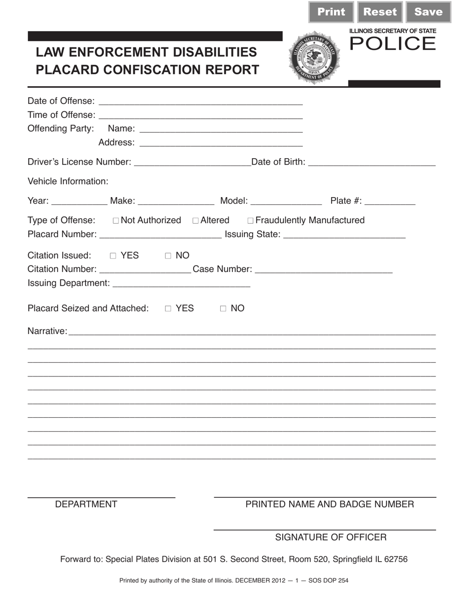 Form SOS DOP254 Law Enforcement Disabilities Placard Confiscation Report - Illinois, Page 1