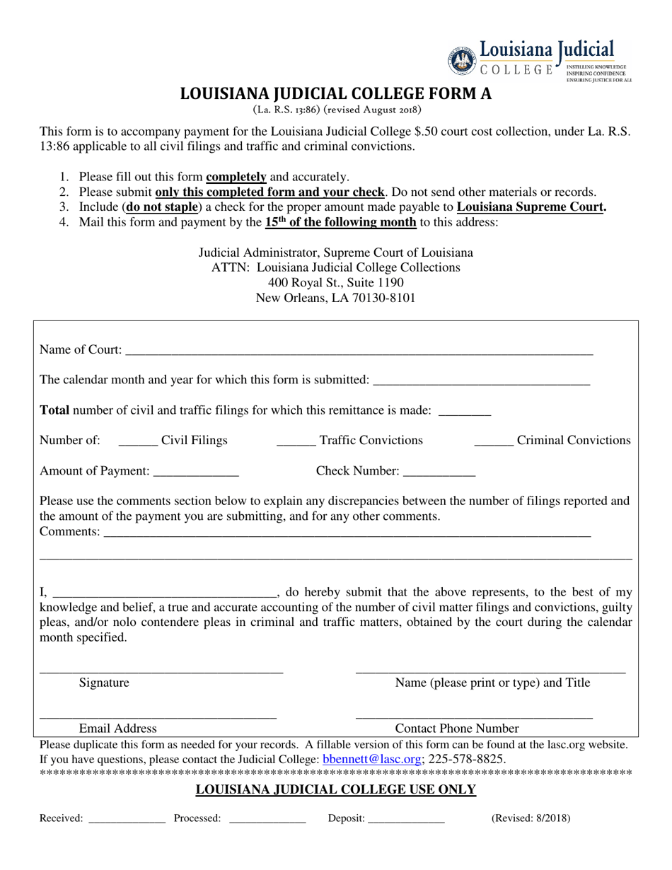Form A Louisiana Judicial College 50 Cent Court Cost Remittance Form - Louisiana, Page 1