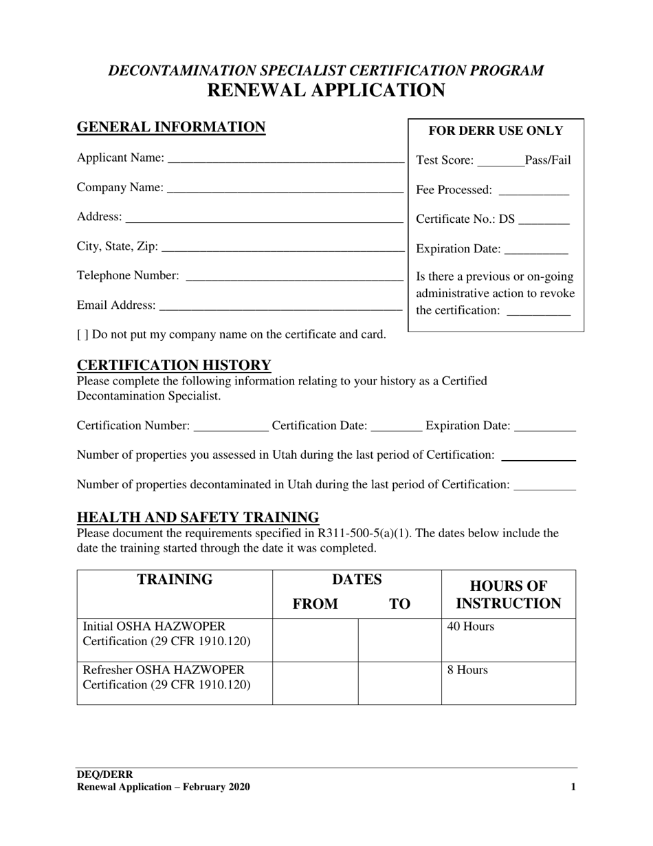 Decontamination Specialist Certification Program Renewal Application - Utah, Page 1