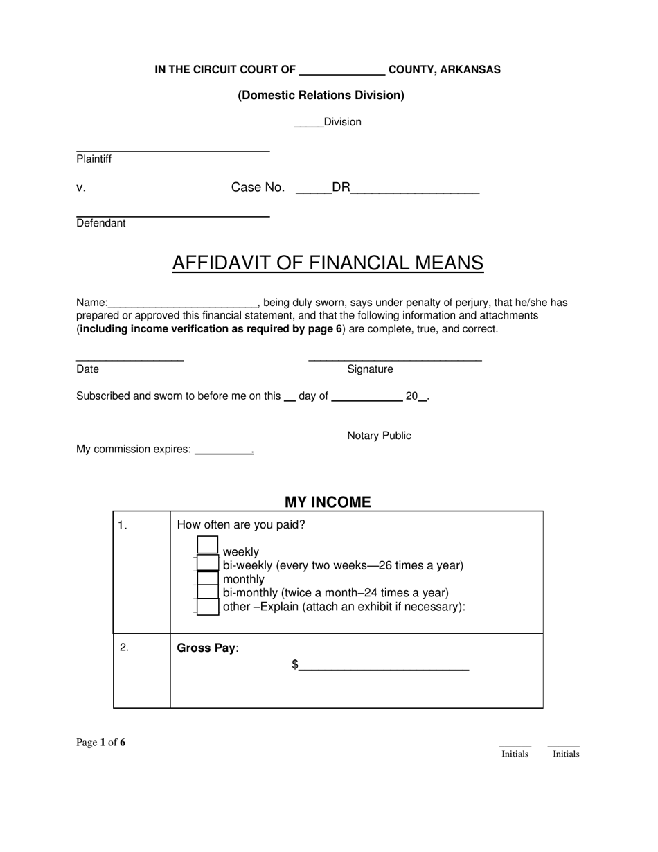 Affidavit of Financial Means - Arkansas, Page 1