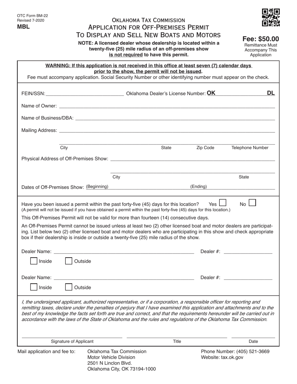 OTC Form BM-22 Application for off-Premises Permit to Display and Sell New Boats and Motors - Oklahoma, Page 1