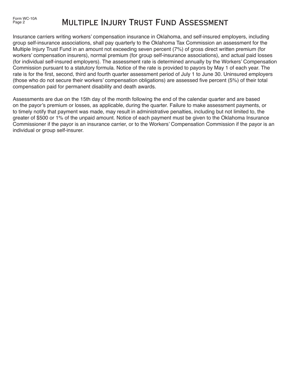 Form WC-10-A Workers Compensation Multiple Injury Trust Fund (Mitf) Assessment Report (Assessment Period 7-1-20 to 6-30-21) - Oklahoma, Page 2