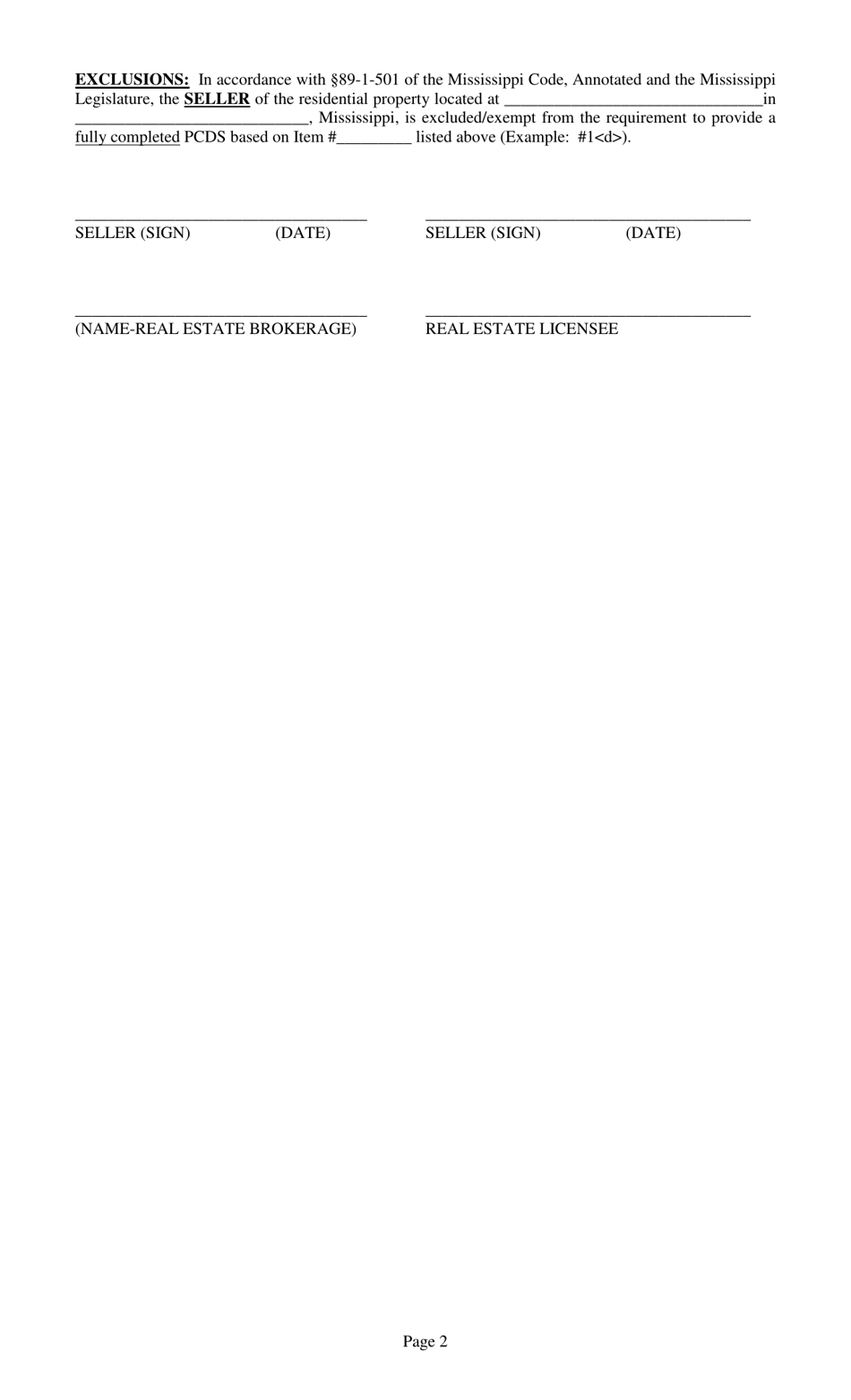 Sellers Statement of Exclusion From Completing the Property Condition Disclosure Statement (Pcds) - Mississippi, Page 2