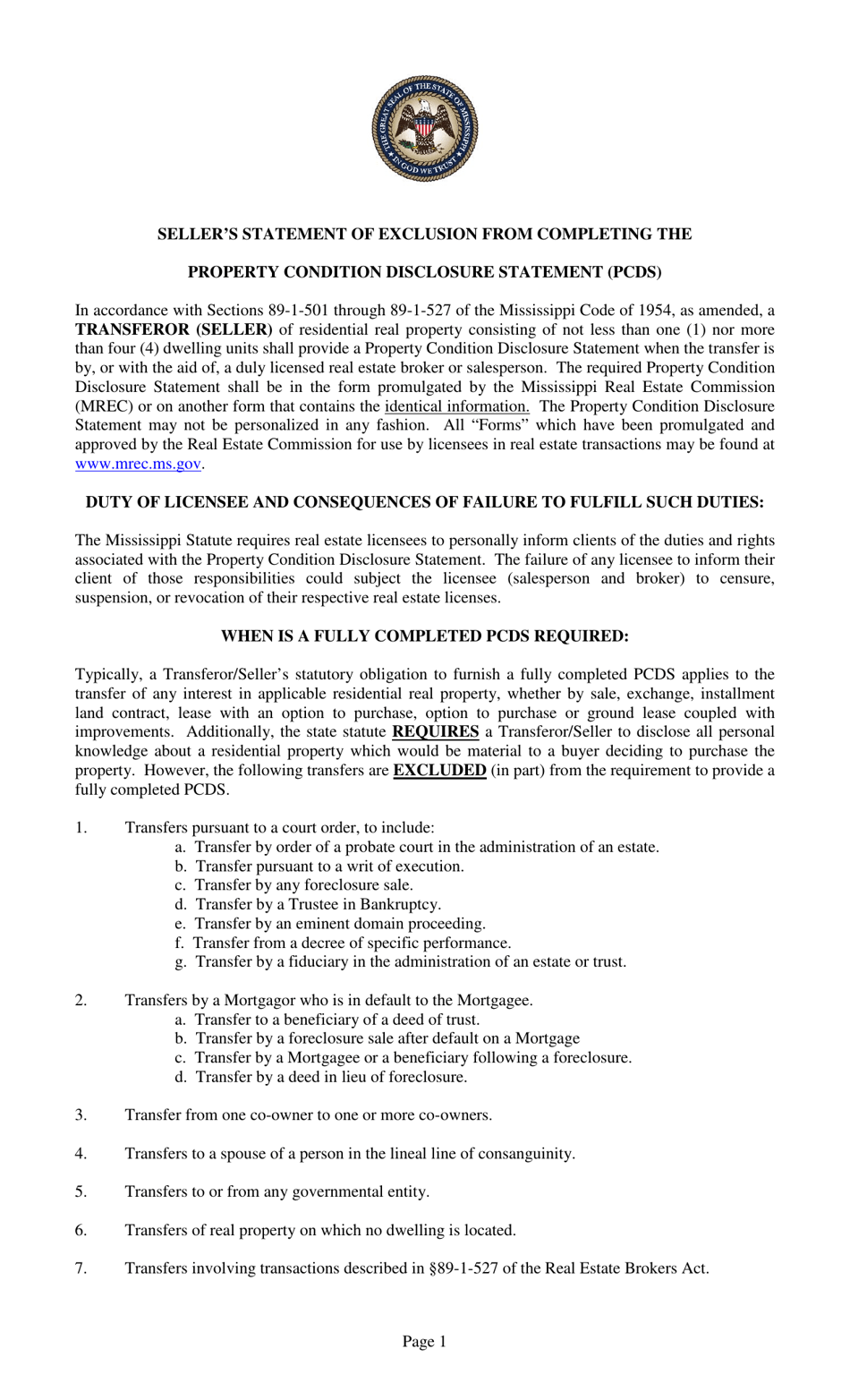 Mississippi Seller's Statement of Exclusion From Completing the