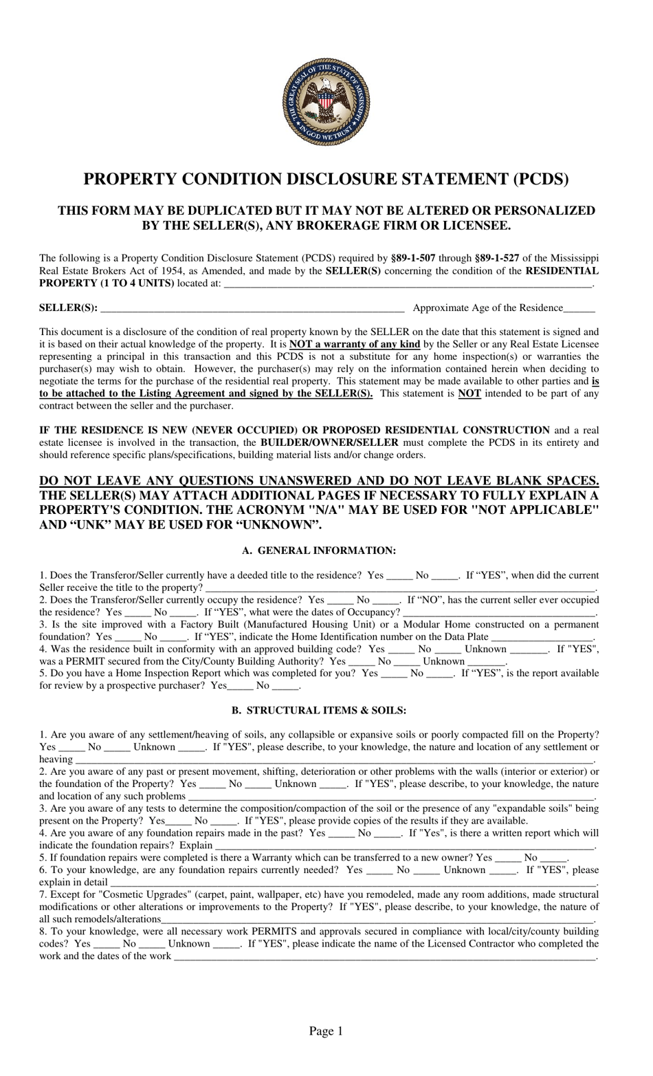 Form 0100 Property Condition Disclosure Statement (Pcds) - Mississippi, Page 1