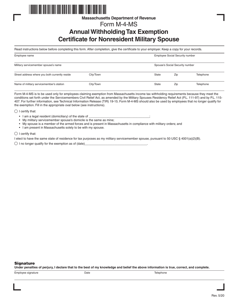Form M-4-MS Annual Withholding Tax Exemption Certificate for Nonresident Military Spouse - Massachusetts, Page 1