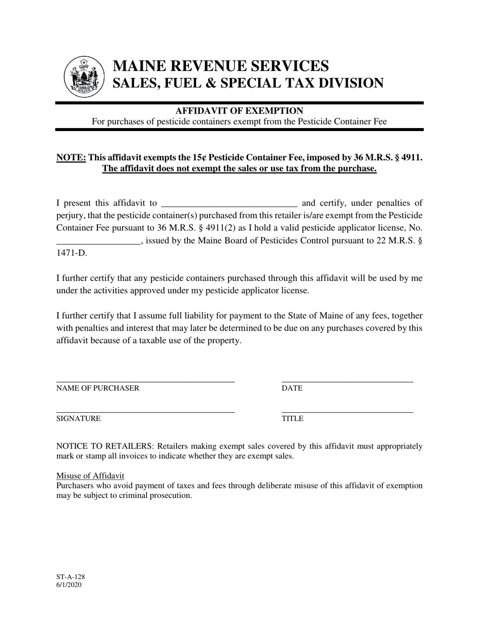 Form ST-A-128 Affidavit of Exemption for Purchases of Pesticide Containers Exempt From the Pesticide Container Fee - Maine, Page 1