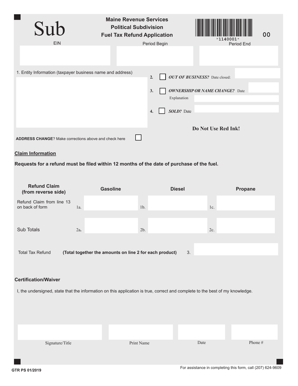 Form GTR PS Political Subdivision Fuel Tax Refund Application - Maine, Page 1