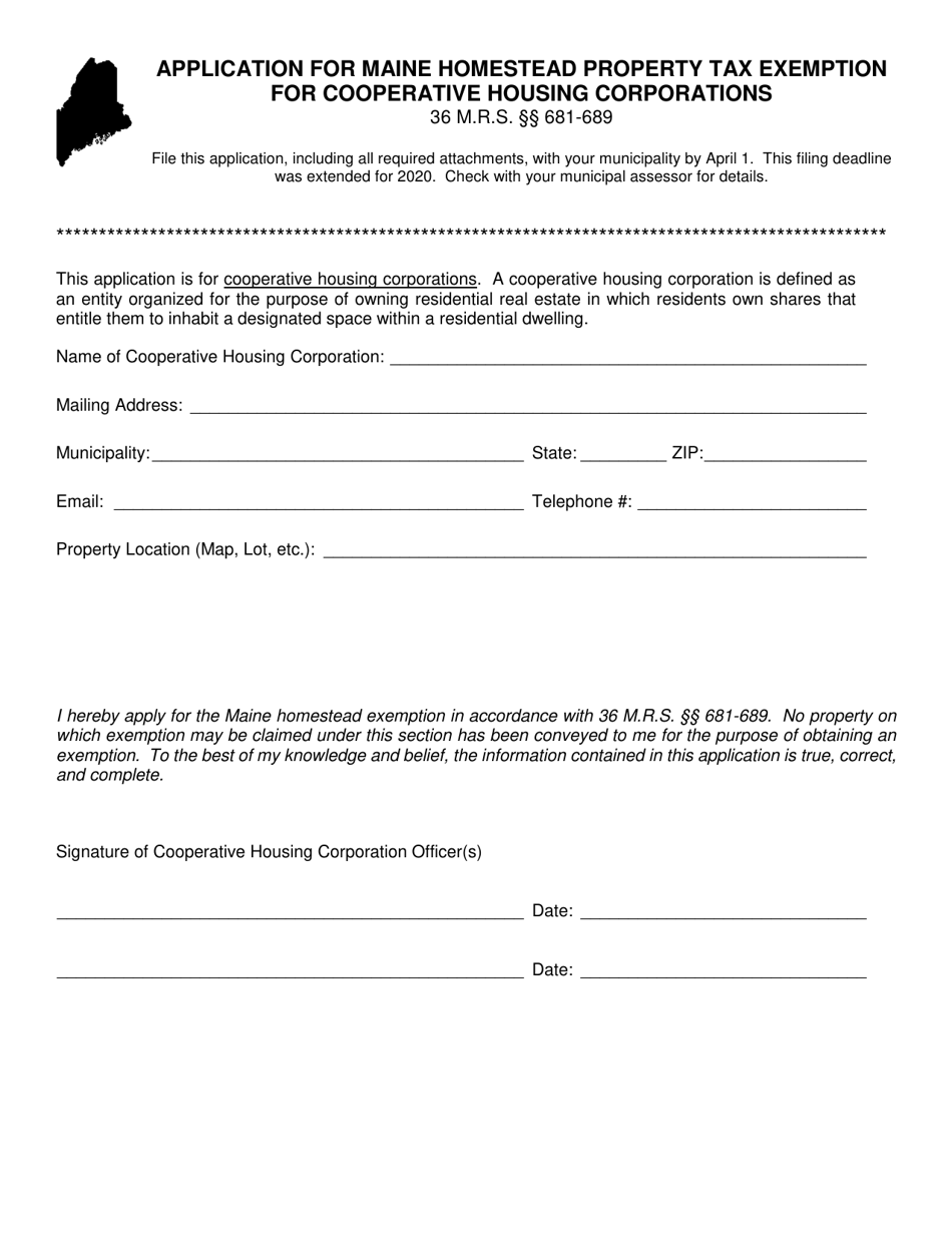 Application for Maine Homestead Property Tax Exemption for Cooperative Housing Corporations - Maine, Page 1