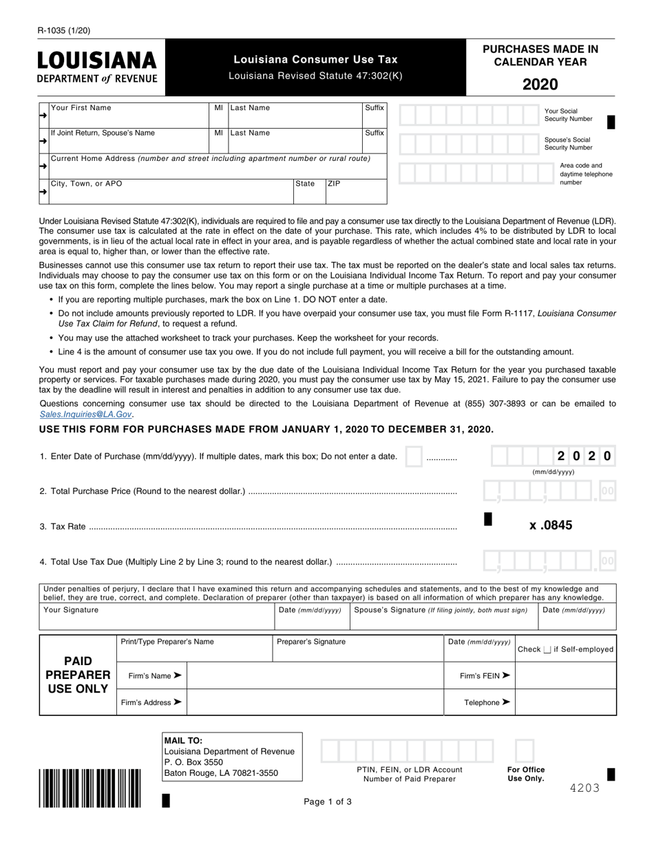 Form R-1035 Louisiana Consumer Use Tax - Louisiana, Page 1
