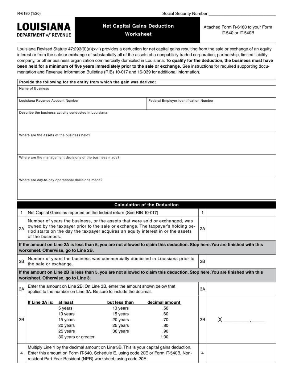 Form R-6180 Net Capital Gains Deduction Worksheet - Louisiana, Page 1