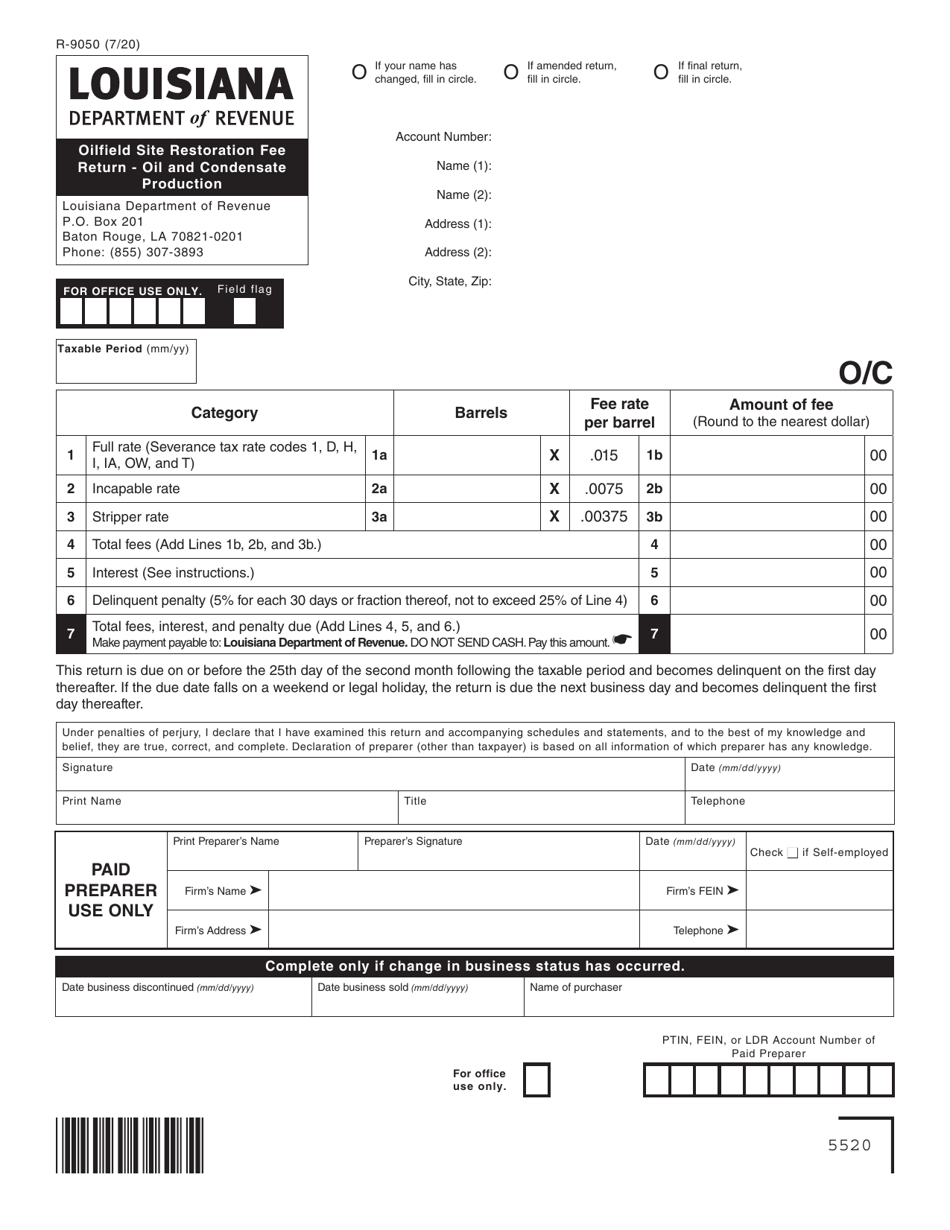 Form R-9050 Oilfield Site Restoration Fee Return - Oil and Condensate Production - Louisiana, Page 1