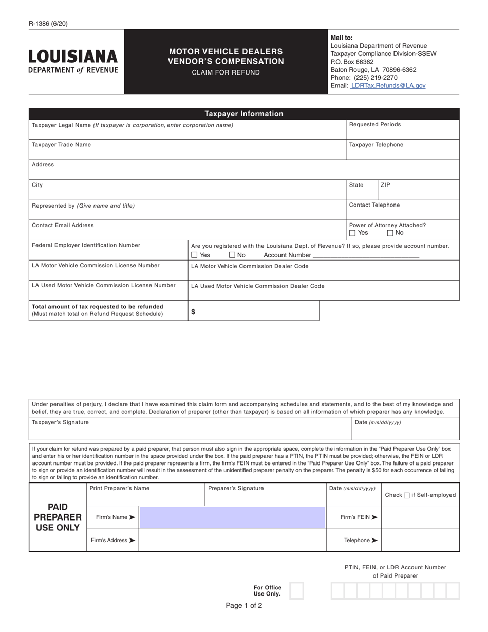 Form R-1386 Download Fillable PDF or Fill Online Motor Vehicle Dealers ...