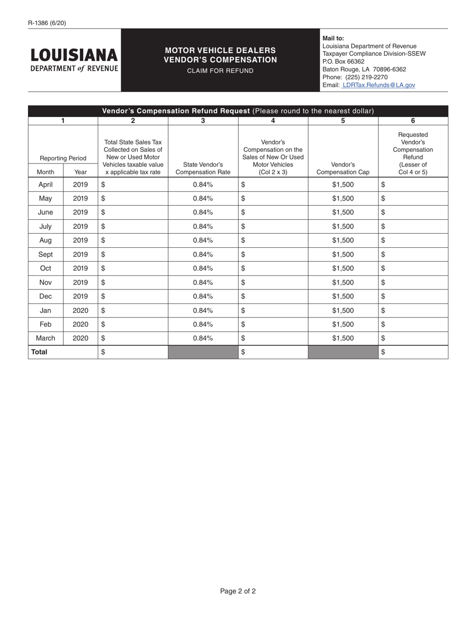 Form R-1386 Motor Vehicle Dealers Vendors Compensation Claim for Refund - Louisiana, Page 2