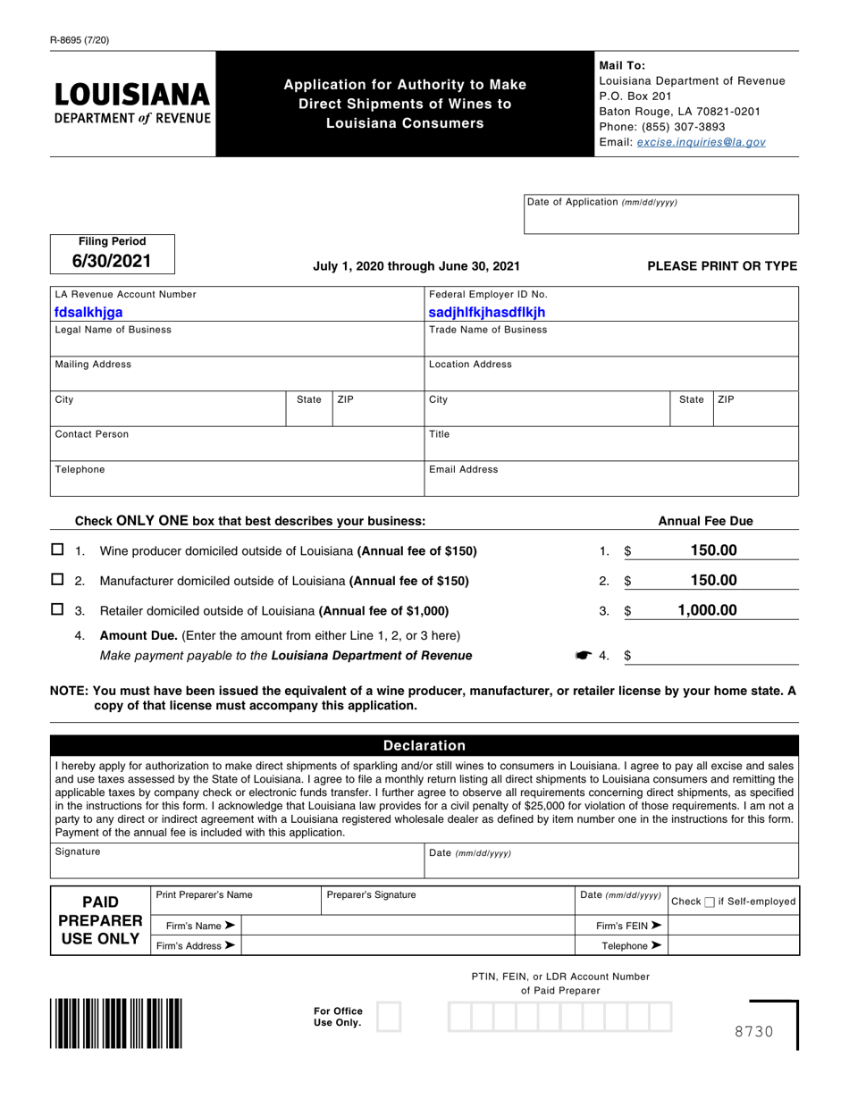 Form R-8695 Application for Authority to Make Direct Shipments of Wines to Louisiana Consumers - Louisiana, Page 1