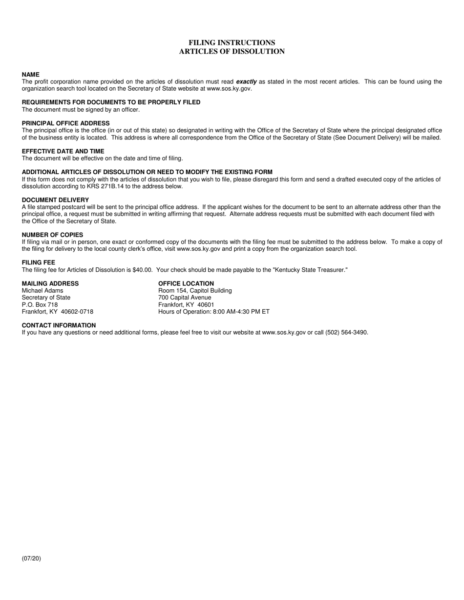 Form IPD Articles of Dissolution - Profit Corporation - Kentucky, Page 2
