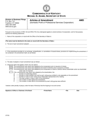 Document preview: Form AMD Articles of Amendment (Domestic Profit or Professional Services Corporation) - Kentucky