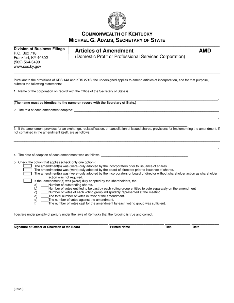 Form AMD Articles of Amendment (Domestic Profit or Professional Services Corporation) - Kentucky, Page 1