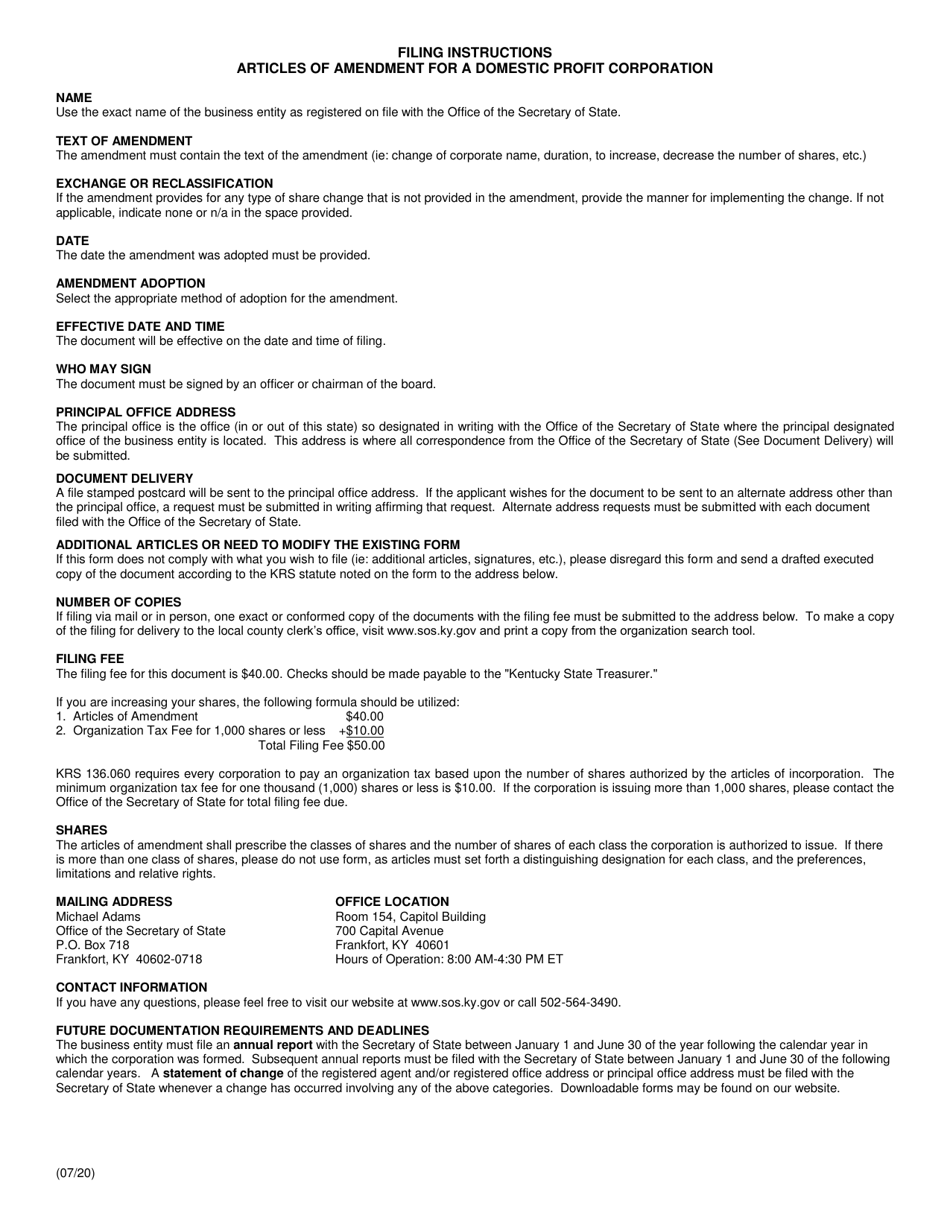 Form AMD Articles of Amendment (Domestic Profit or Professional Services Corporation) - Kentucky, Page 2