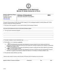 Form NPA &quot;Articles of Amendment (Domestic Nonprofit Corporation)&quot; - Kentucky