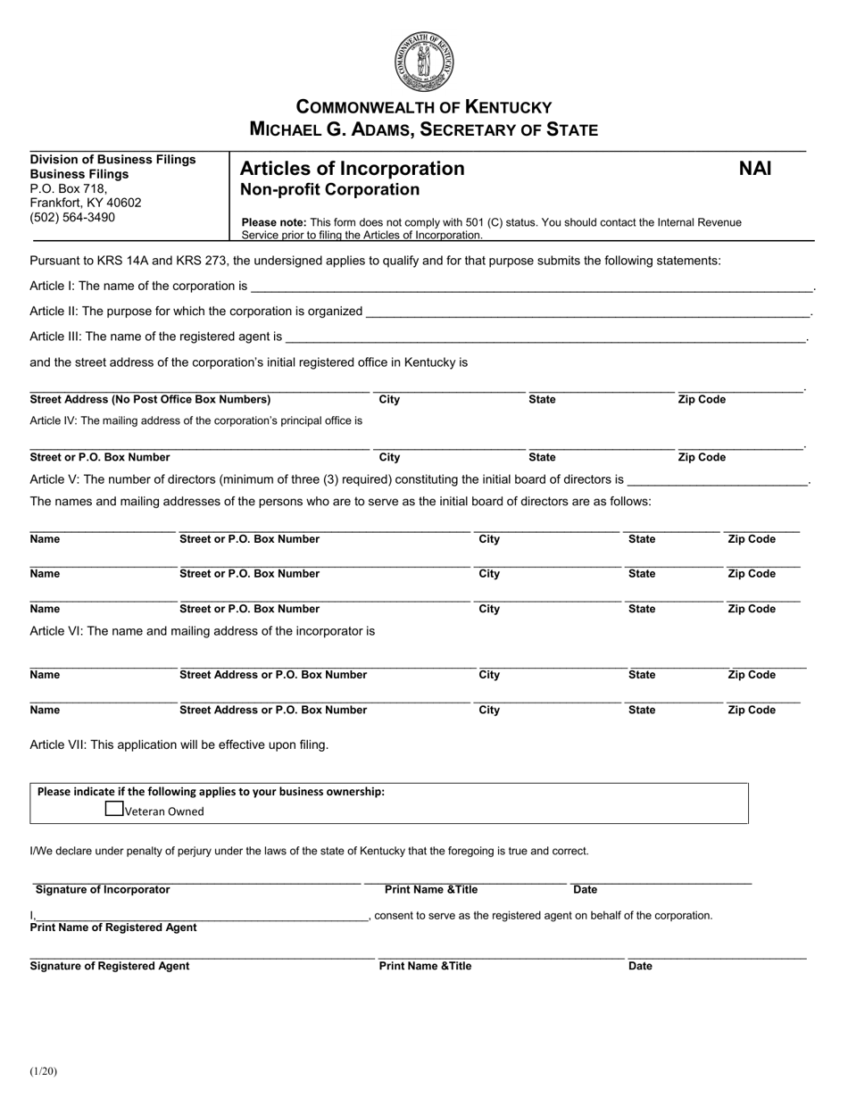 Form NAI Articles of Incorporation - Non-profit Corporation - Kentucky, Page 1