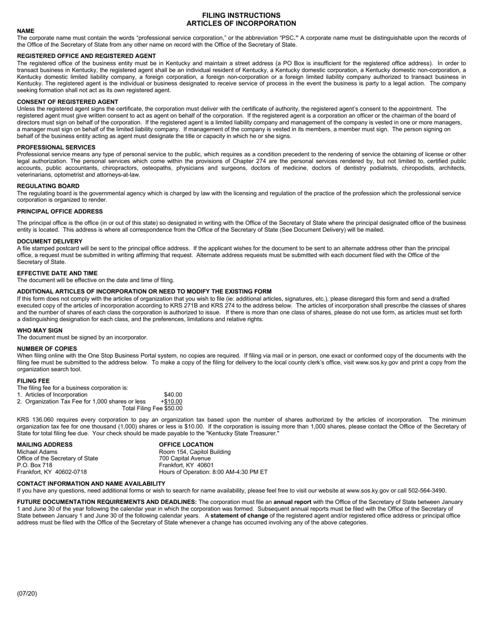 Form KPS Articles of Incorporation - Professional Service Corporation - Kentucky, Page 2