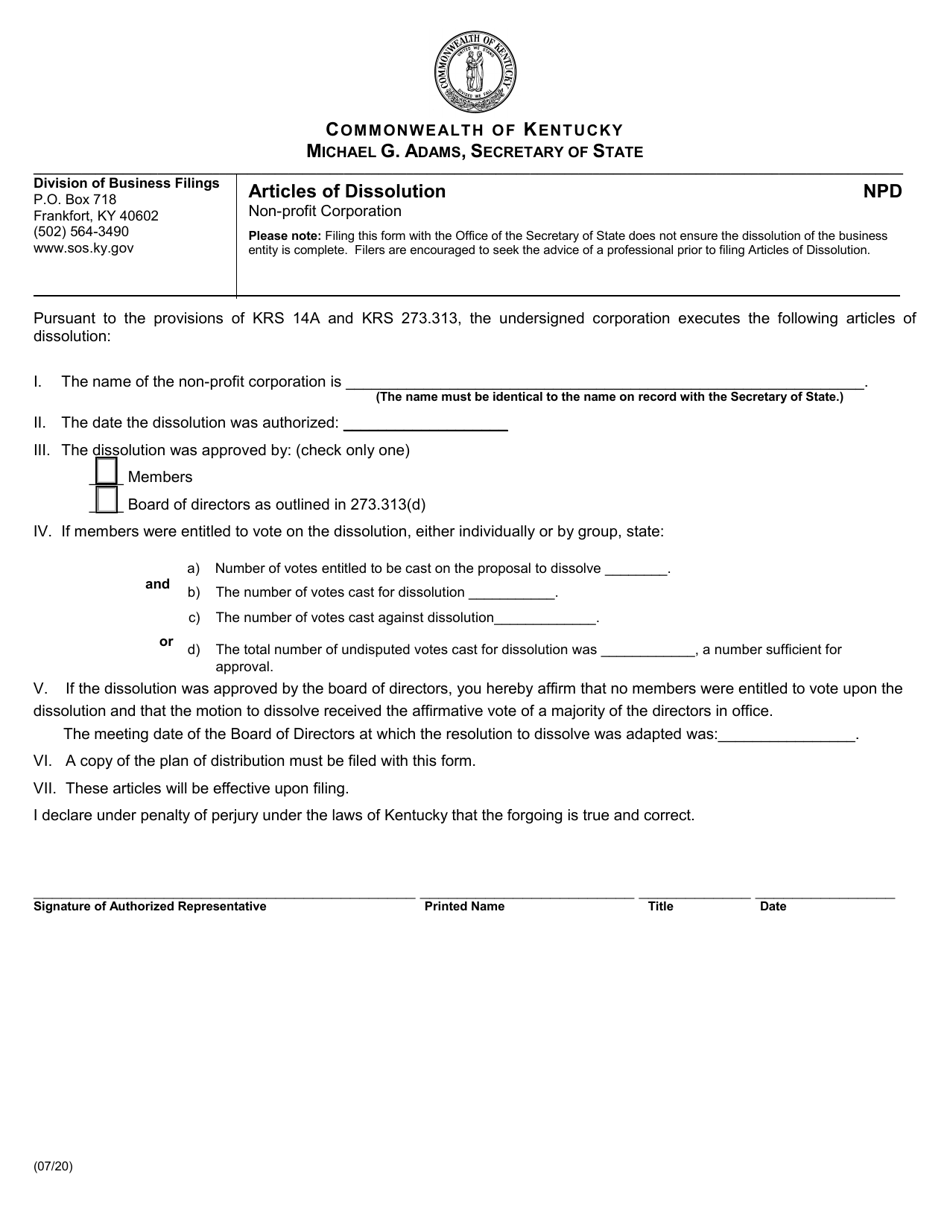 Form NPD Articles of Dissolution - Non-profit Corporation - Kentucky, Page 1