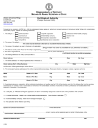 Form FBE Certificate of Authority (Foreign Business Entity) - Kentucky
