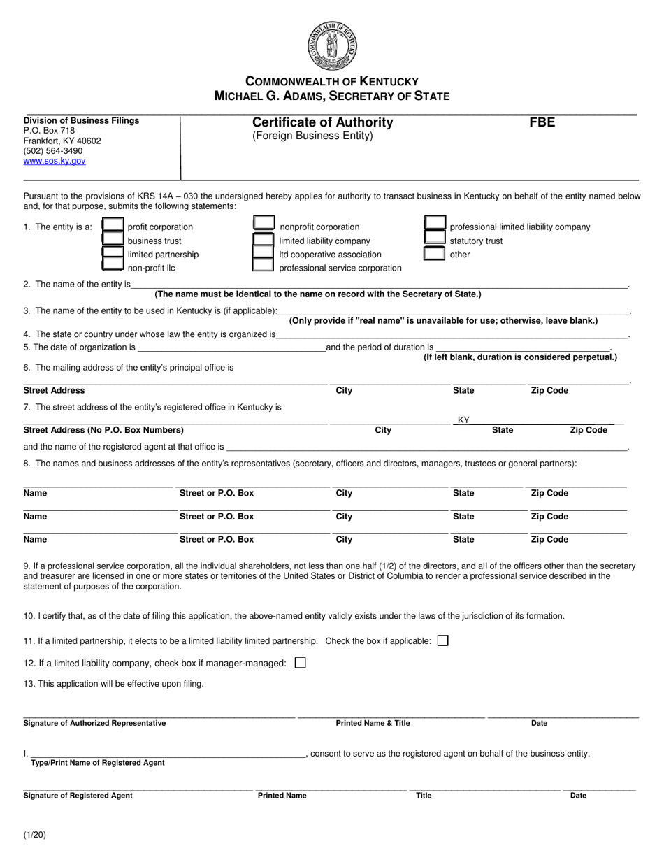 Form FBE Certificate of Authority (Foreign Business Entity) - Kentucky, Page 1
